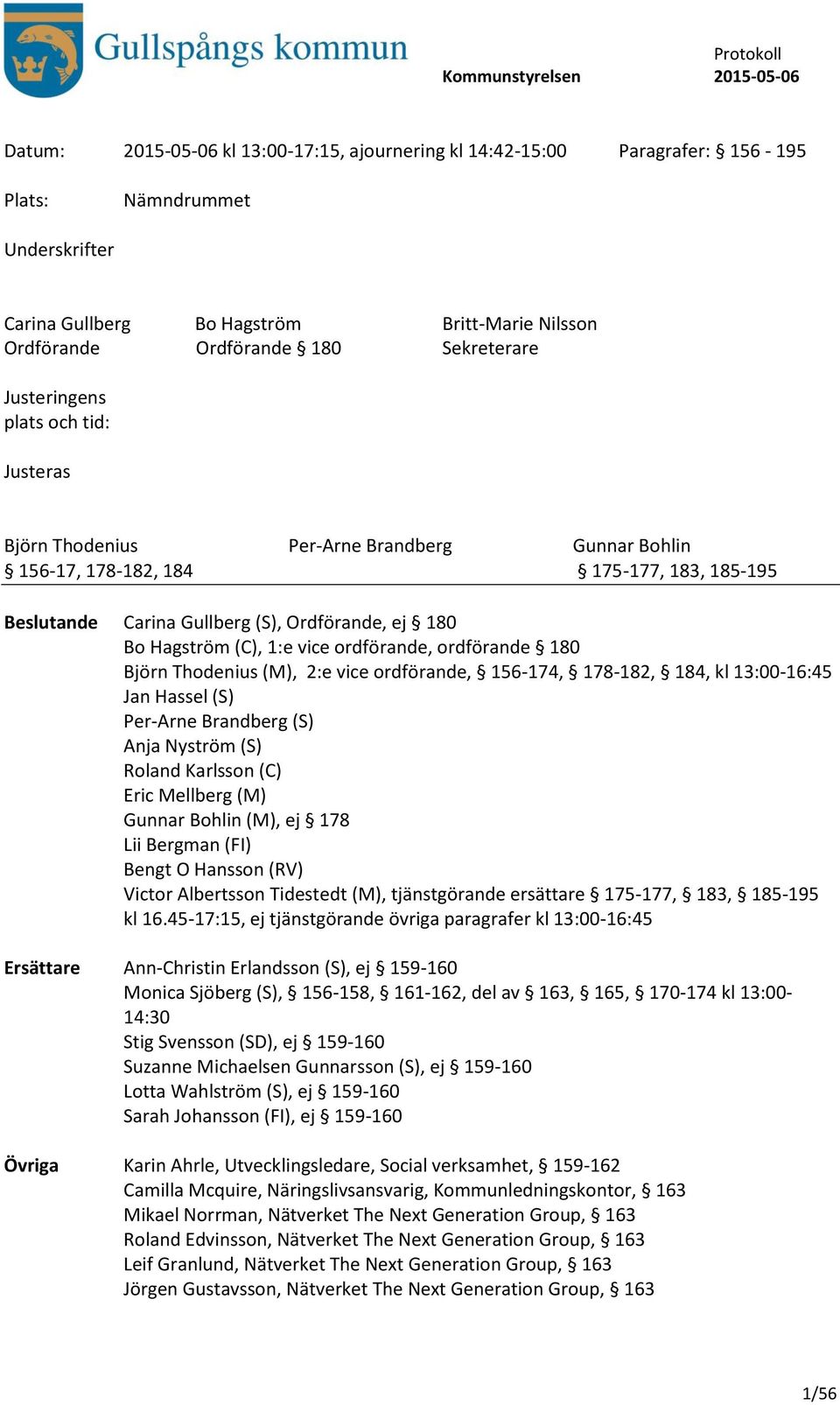 ordförande, ordförande 180 Björn Thodenius (M), 2:e vice ordförande, 156-174, 178-182, 184, kl 13:00-16:45 Jan Hassel (S) Per-Arne Brandberg (S) Anja Nyström (S) Roland Karlsson (C) Eric Mellberg (M)