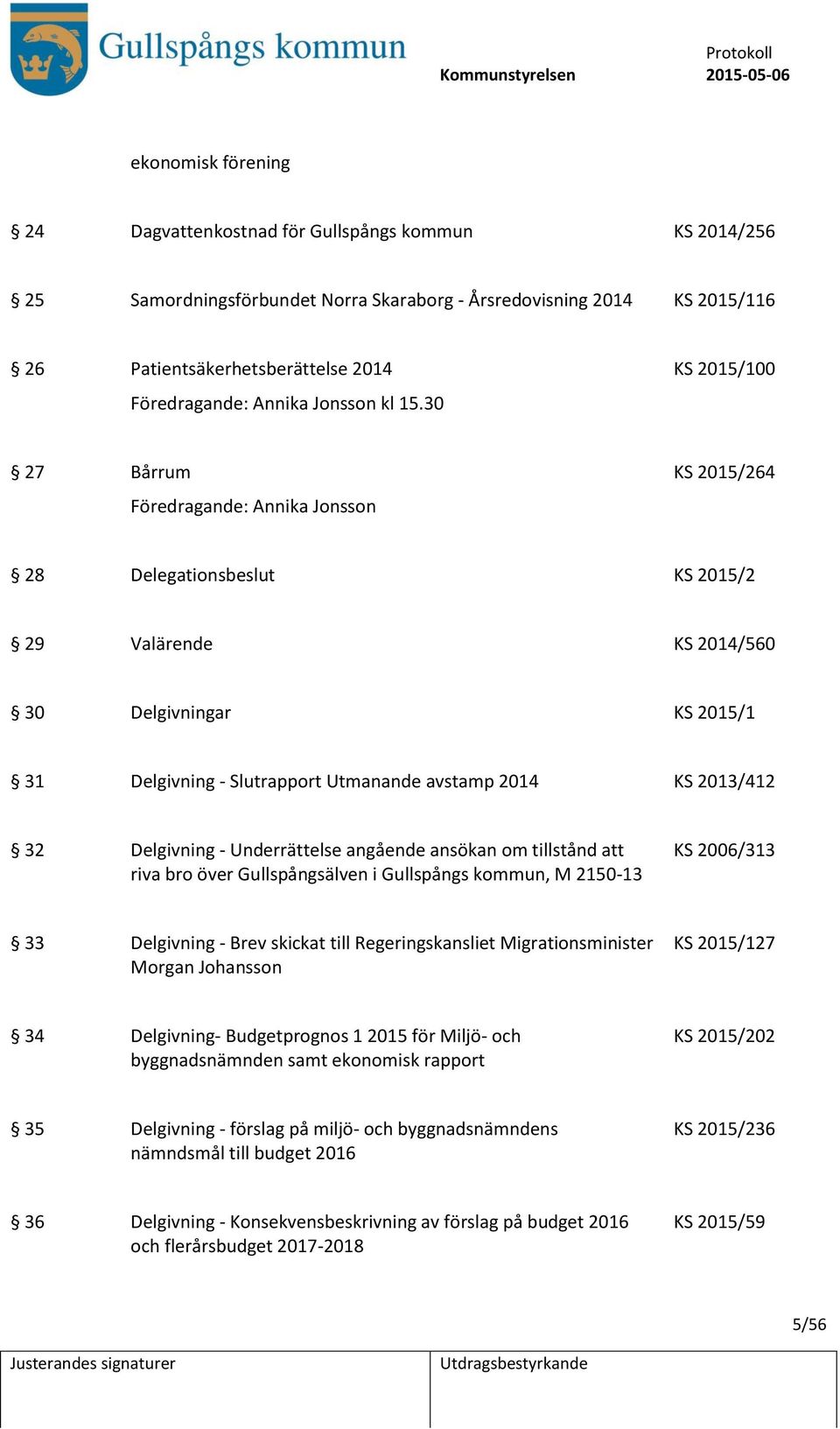 30 27 Bårrum KS 2015/264 Föredragande: Annika Jonsson 28 Delegationsbeslut KS 2015/2 29 Valärende KS 2014/560 30 Delgivningar KS 2015/1 31 Delgivning - Slutrapport Utmanande avstamp 2014 KS 2013/412