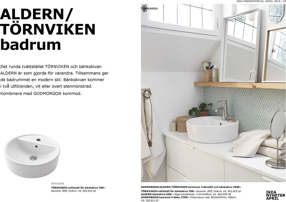 PE429705 TÖRNVIKEN tvättställ för bänkskiva 700:- Keramik. Ø50, H14cm. Vit. 902.915.
