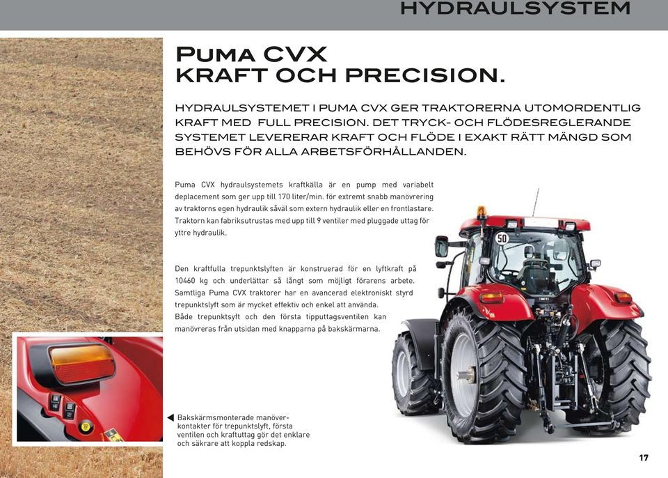 Puma CVX hydraulsystemets kraftkälla är en pump med variabelt deplacement som ger upp till 170 liter/min.