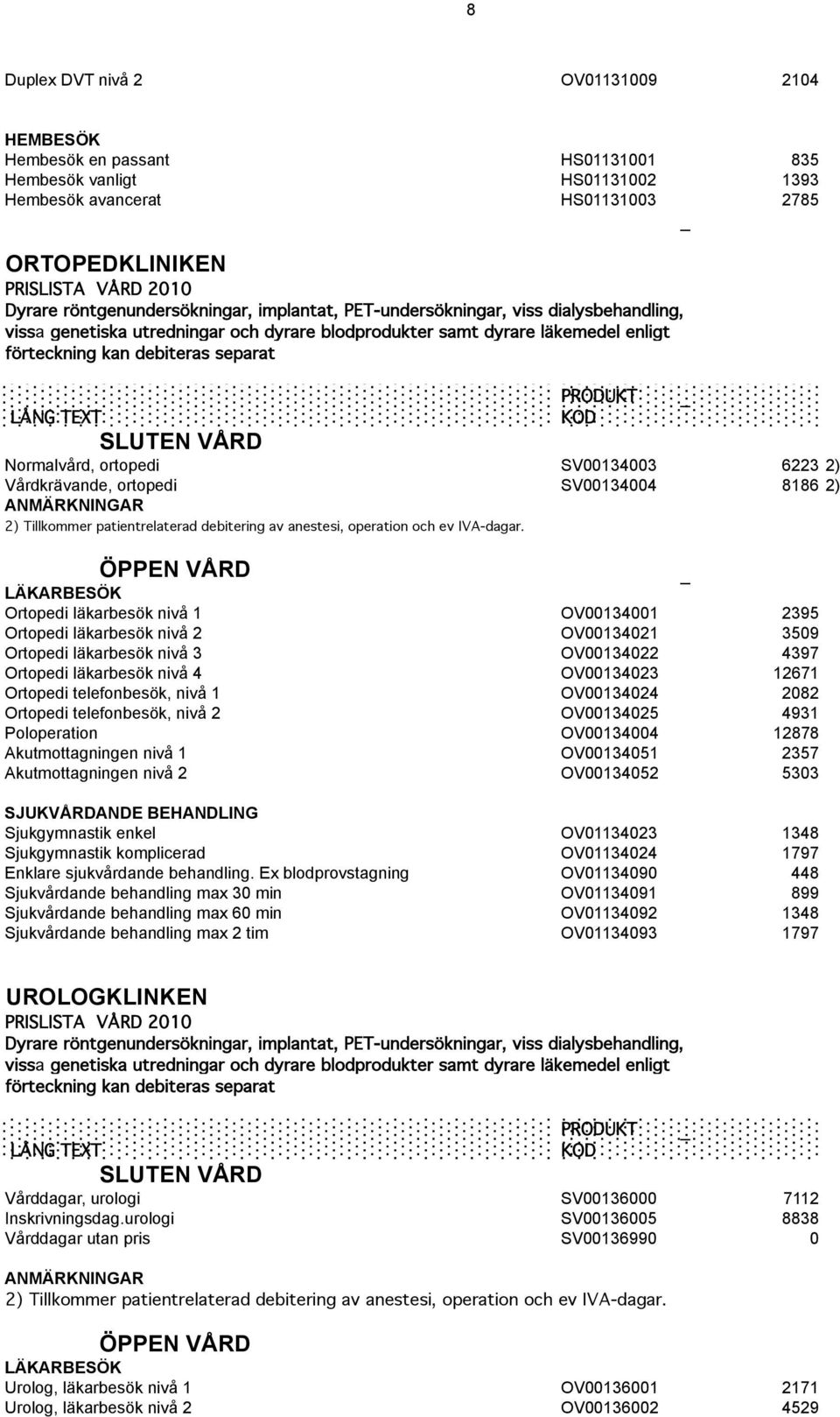 TEXT PRODUKT KOD SLUTEN VÅRD Normalvård, ortopedi SV00134003 6223 Vårdkrävande, ortopedi SV00134004 8186 ANMÄRKNINGAR Tillkommer patientrelaterad debitering av anestesi, operation och ev IVA-dagar.