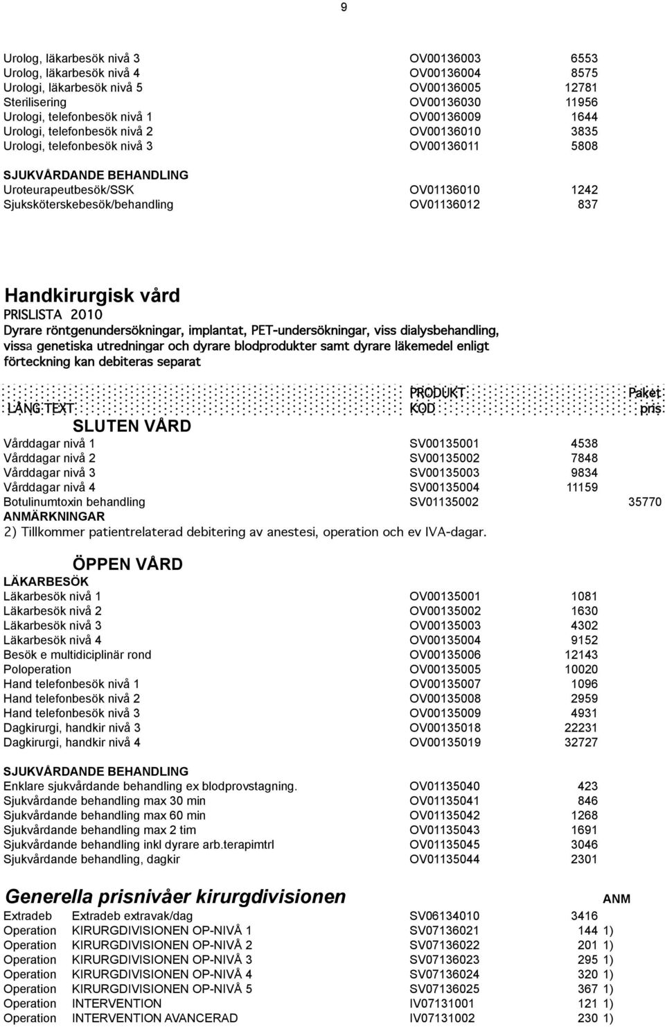 OV01136012 837 Handkirurgisk vård PRISLISTA 2010 Dyrare röntgenundersökningar, implantat, PET-undersökningar, viss dialysbehandling, vissa genetiska utredningar och dyrare blodprodukter samt dyrare