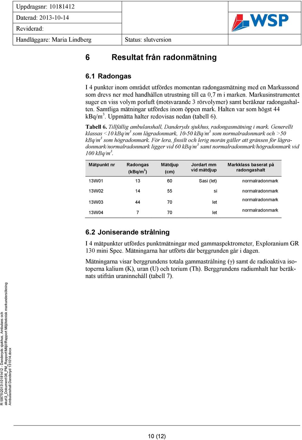 Markusinstrumentet suger en viss volym porluft (motsvarande 3 rörvolymer) samt beräknar radongashalten. Samtliga mätningar utfördes inom öppen mark. Halten var som högst 44 kbq/m 3.