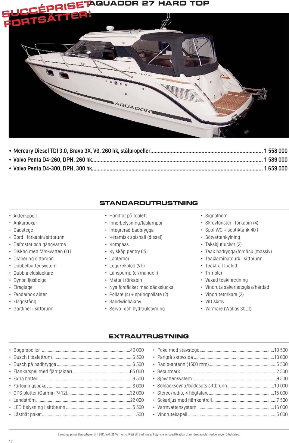 sittbrunn Handfat på toalett Innerbelysning/läslampor Integrerad badbrygga Keramisk spishäll (diesel) Kompass Kylskåp pentry 65 l Logg/ekolod (VP) Länspump (el/manuell) Matta i förkabin Nya fördäcket