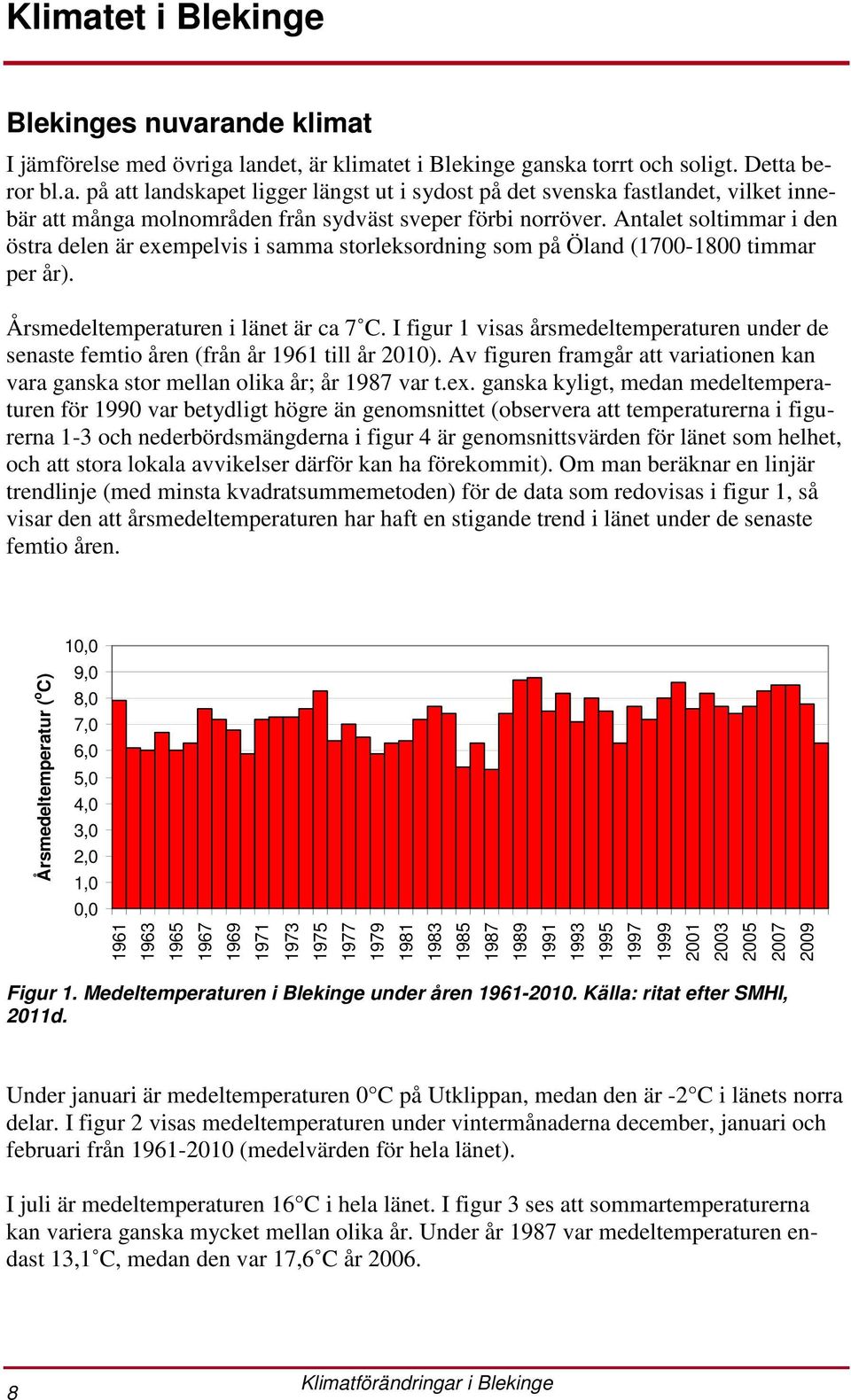 I figur 1 visas årsmedeltemperaturen under de senaste femtio åren (från år 1961 till år 2010). Av figuren framgår att variationen kan vara ganska stor mellan olika år; år 1987 var t.ex.