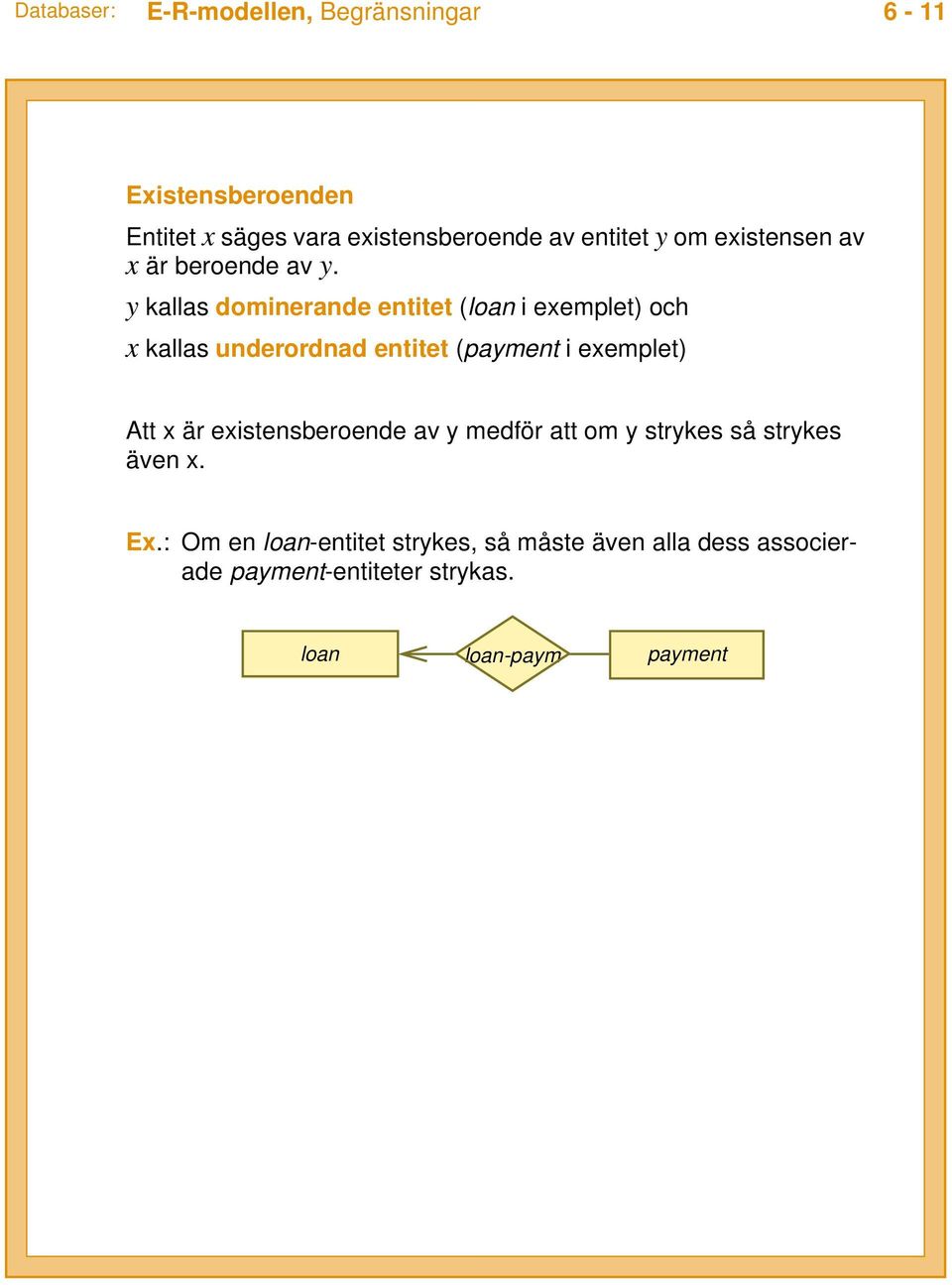 y kallas dominerande entitet (loan i exemplet) och x kallas underordnad entitet (payment i exemplet) Att x