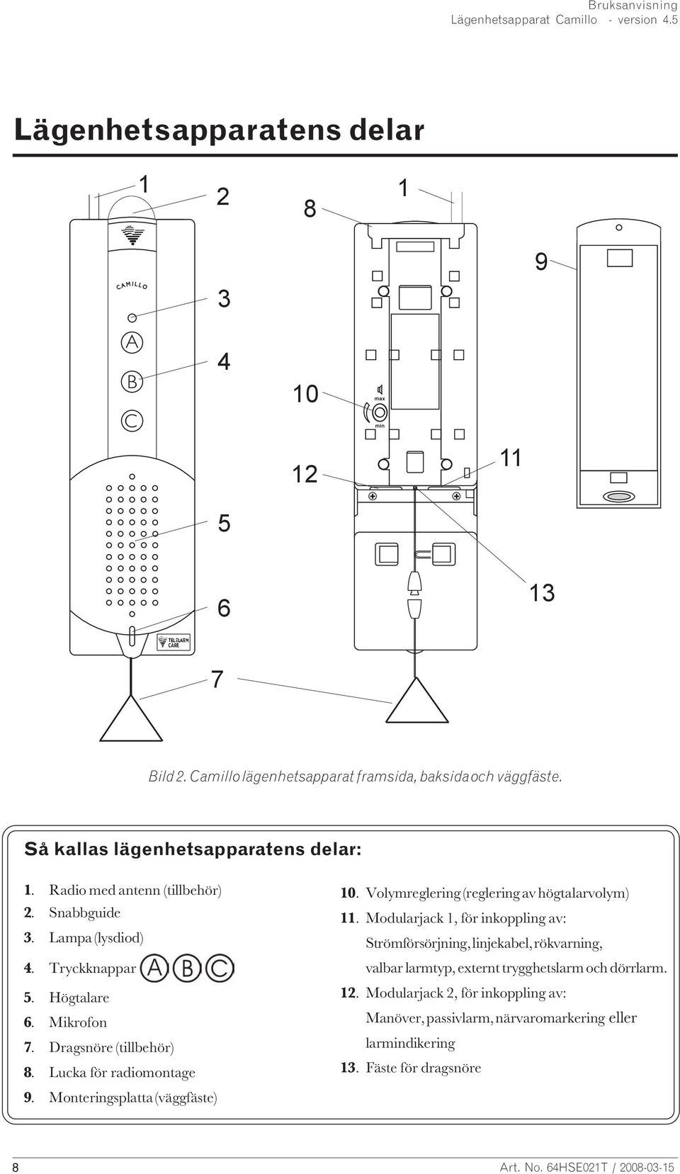 Monteringsplatta (väggfäste) 10. Volymreglering (reglering av högtalarvolym) 11.