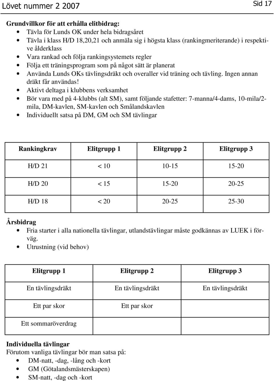 Aktivt deltaga i klubbens verksamhet Bör vara med på 4klubbs (alt SM), samt följande stafetter: 7manna/4dams, 10mila/2 mila, DMkavlen, SMkavlen och Smålandskavlen Individuellt satsa på DM, GM och SM