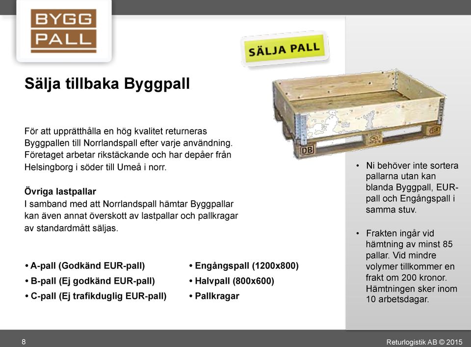 Övriga lastpallar I samband med att Norrlandspall hämtar Byggpallar kan även annat överskott av lastpallar och pallkragar av standardmått säljas.