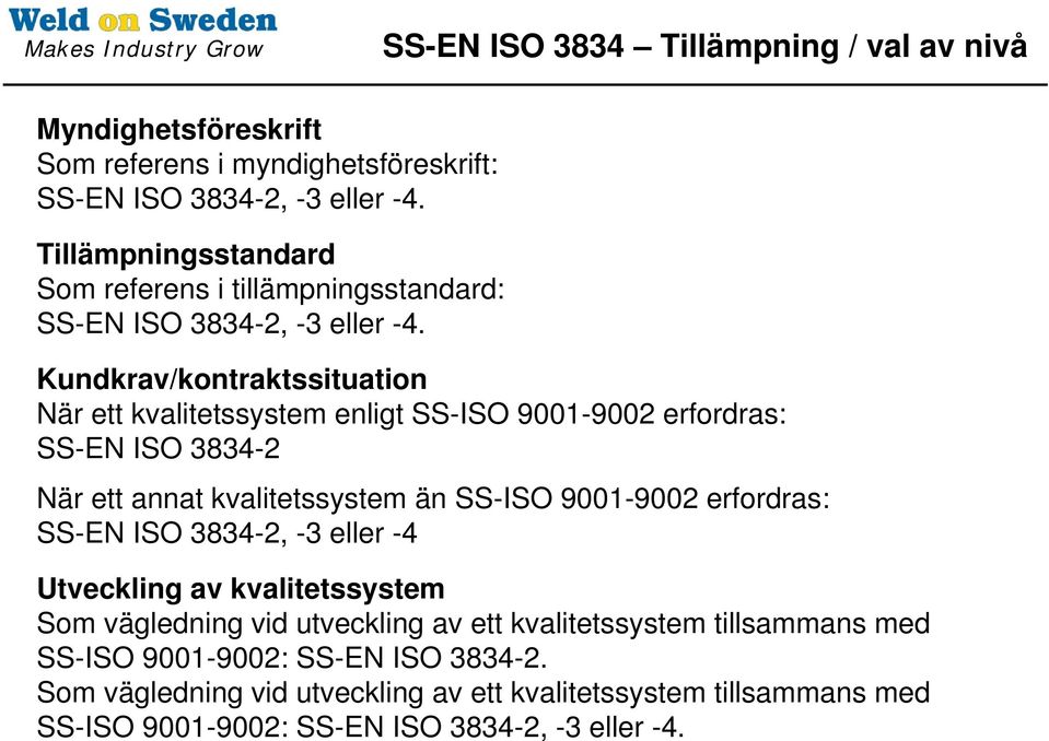 Kundkrav/kontraktssituation När ett kvalitetssystem enligt SS-ISO 9001-9002 erfordras: SS-EN ISO 3834-2 När ett annat kvalitetssystem än SS-ISO 9001-9002 erfordras: