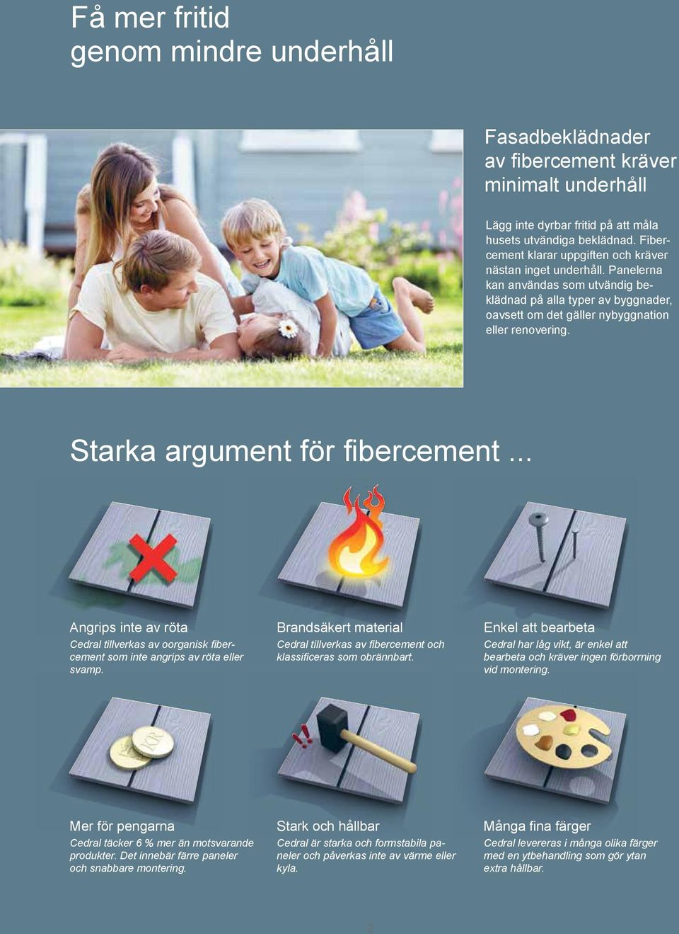 Starka argument för fibercement... Angrips inte av röta Cedral tillverkas av oorganisk fibercement som inte angrips av röta eller svamp.