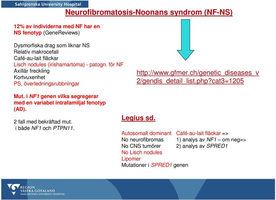 ch/genetic_diseases_v 2/gendis_detail_list.php?cat3=1205 Mut. i NF1 genen vilka segregerar med en variabel intrafamiljal fenotyp (AD). 2 fall med bekräftad mut.