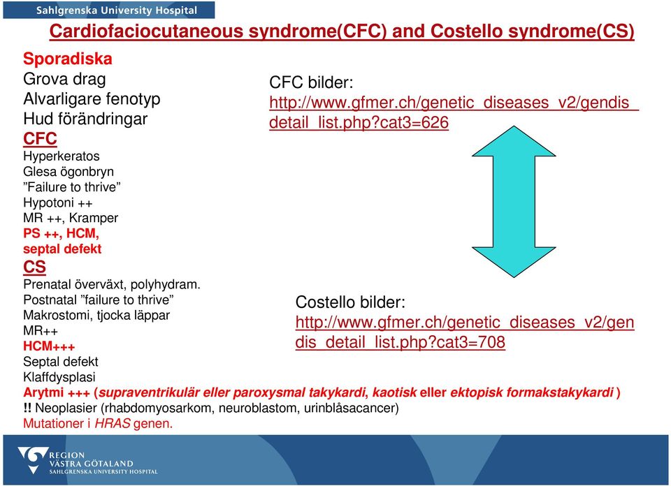 Postnatal failure to thrive Makrostomi, tjocka läppar MR++ HCM+++ Septal defekt Klaffdysplasi CFC bilder: http://www.gfmer.ch/genetic_diseases_v2/gendis_ detail_list.php?