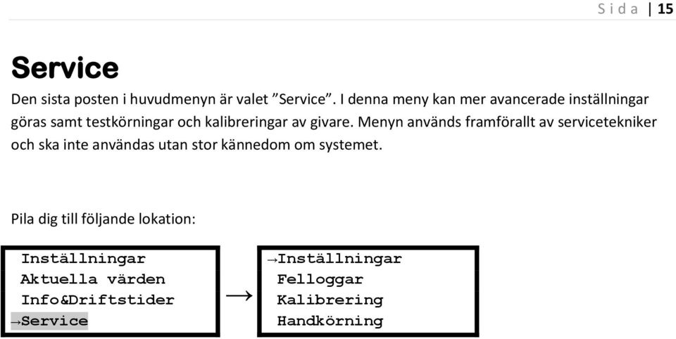 Menyn används framförallt av servicetekniker och ska inte användas utan stor kännedom om systemet.