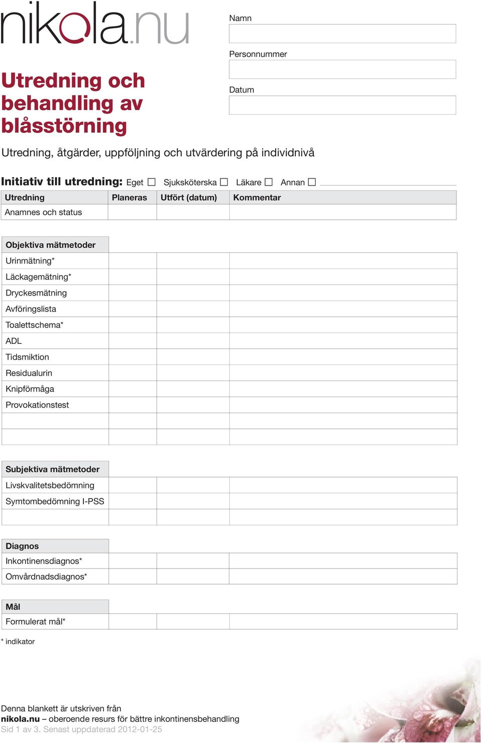 Läckagemätning* Dryckesmätning Avföringslista Toalettschema* ADL Tidsmiktion Residualurin Knipförmåga Provokationstest Subjektiva mätmetoder