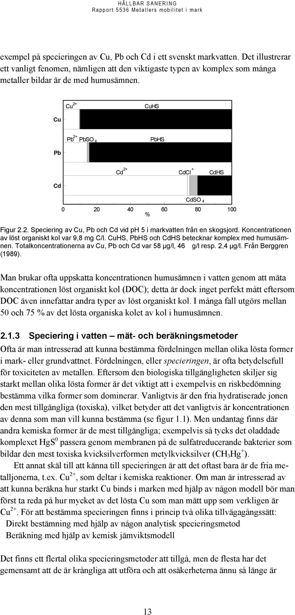 Koncentrationen av löst organiskt kol var 9,8 mg C/l. CuHS, PbHS och CdHS betecknar komplex med humusämnen. Totalkoncentrationerna av Cu, Pb och Cd var 58 µg/l, 46 g/l resp. 2,4 µg/l.