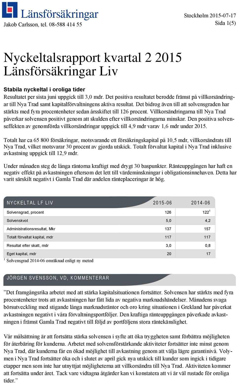Det positiva resultatet berodde främst på villkorsändringar till Nya Trad samt kapitalförvaltningens aktiva resultat.