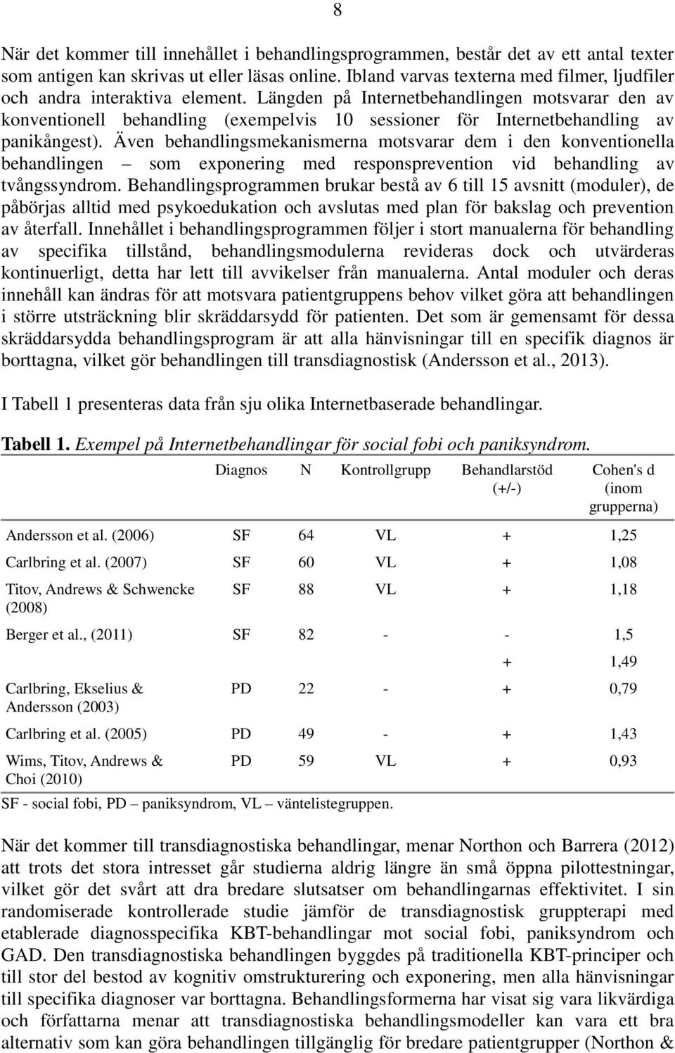 Längden på Internetbehandlingen motsvarar den av konventionell behandling (exempelvis 10 sessioner för Internetbehandling av panikångest).