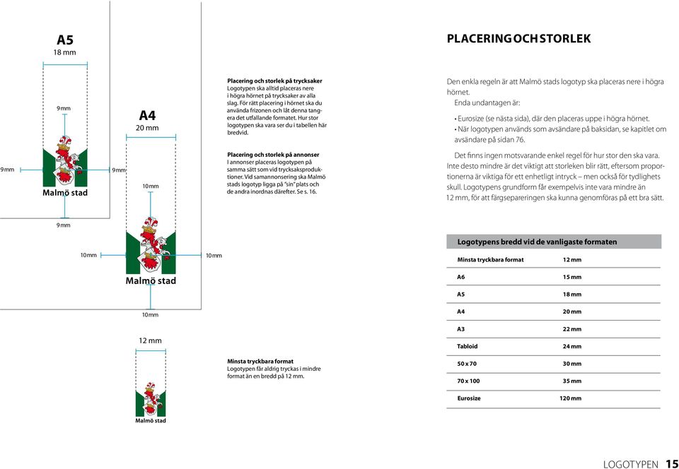 Den enkla regeln är att Malmö stads logotyp ska placeras nere i högra hörnet. Enda undantagen är: Eurosize (se nästa sida), där den placeras uppe i högra hörnet.