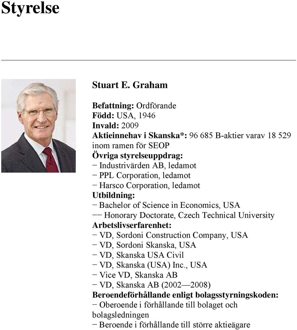 AB, ledamot PPL Corporation, ledamot Harsco Corporation, ledamot Utbildning: Bachelor of Science in Economics, USA Honorary Doctorate, Czech