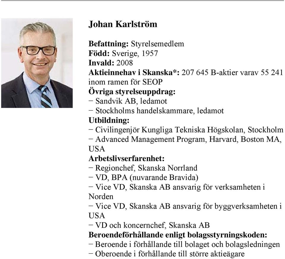 Harvard, Boston MA, USA Regionchef, Skanska Norrland VD, BPA (nuvarande Bravida) Vice VD, Skanska AB ansvarig för verksamheten i Norden Vice VD, Skanska AB