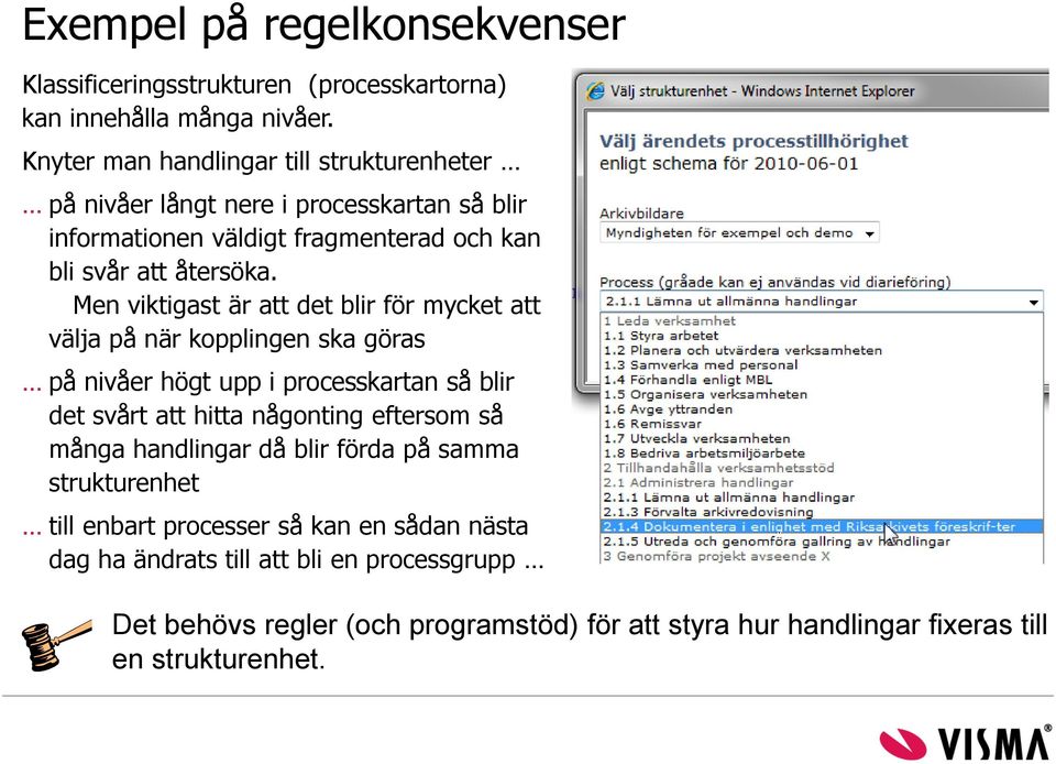 Men viktigast är att det blir för mycket att välja på när kopplingen ska göras på nivåer högt upp i processkartan så blir det svårt att hitta någonting eftersom så