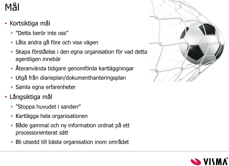 diarieplan/dokumenthanteringsplan Samla egna erfarenheter Långsiktiga mål Stoppa huvudet i sanden Kartlägga hela