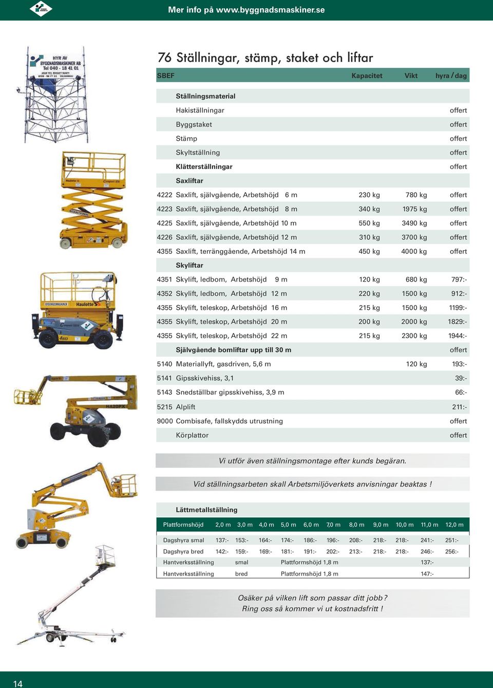 Arbetshöjd 12 m 310 kg 3700 kg offert 4355 Saxlift, terränggående, Arbetshöjd 14 m 450 kg 4000 kg offert Skyliftar 4351 Skylift, ledbom, Arbetshöjd 9 m 120 kg 680 kg 797:- 4352 Skylift, ledbom,