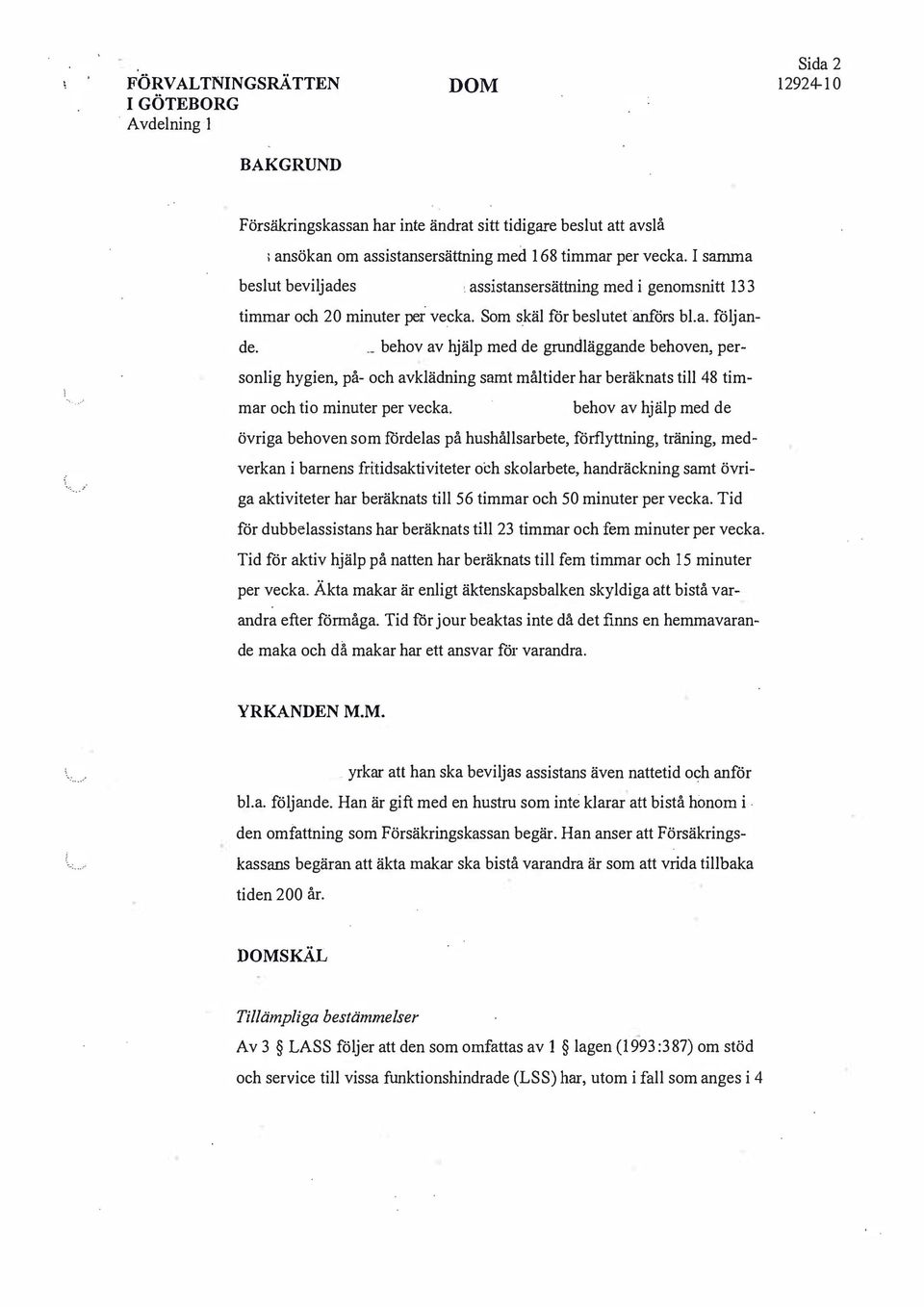 behov av hjälp med de grundläggande behoven, personlig hygien, på- och avklädning samt måltider har beräknats till 48 timmar och tio minuter per vecka.