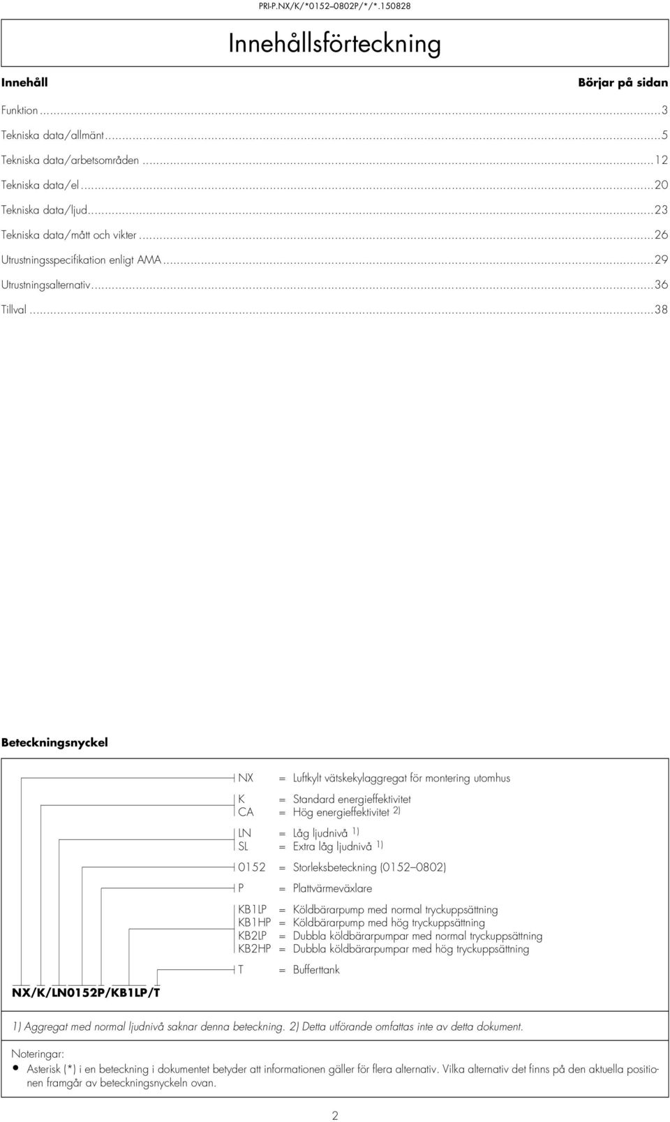 ..38 Beteckningsnyckel NX/K/LN052P/KBLP/T NX = Luftkylt vätskekylaggregat för montering utomhus K = Standard energieffektivitet CA = Hög energieffektivitet 2) LN = Låg ljudnivå ) SL = Extra låg