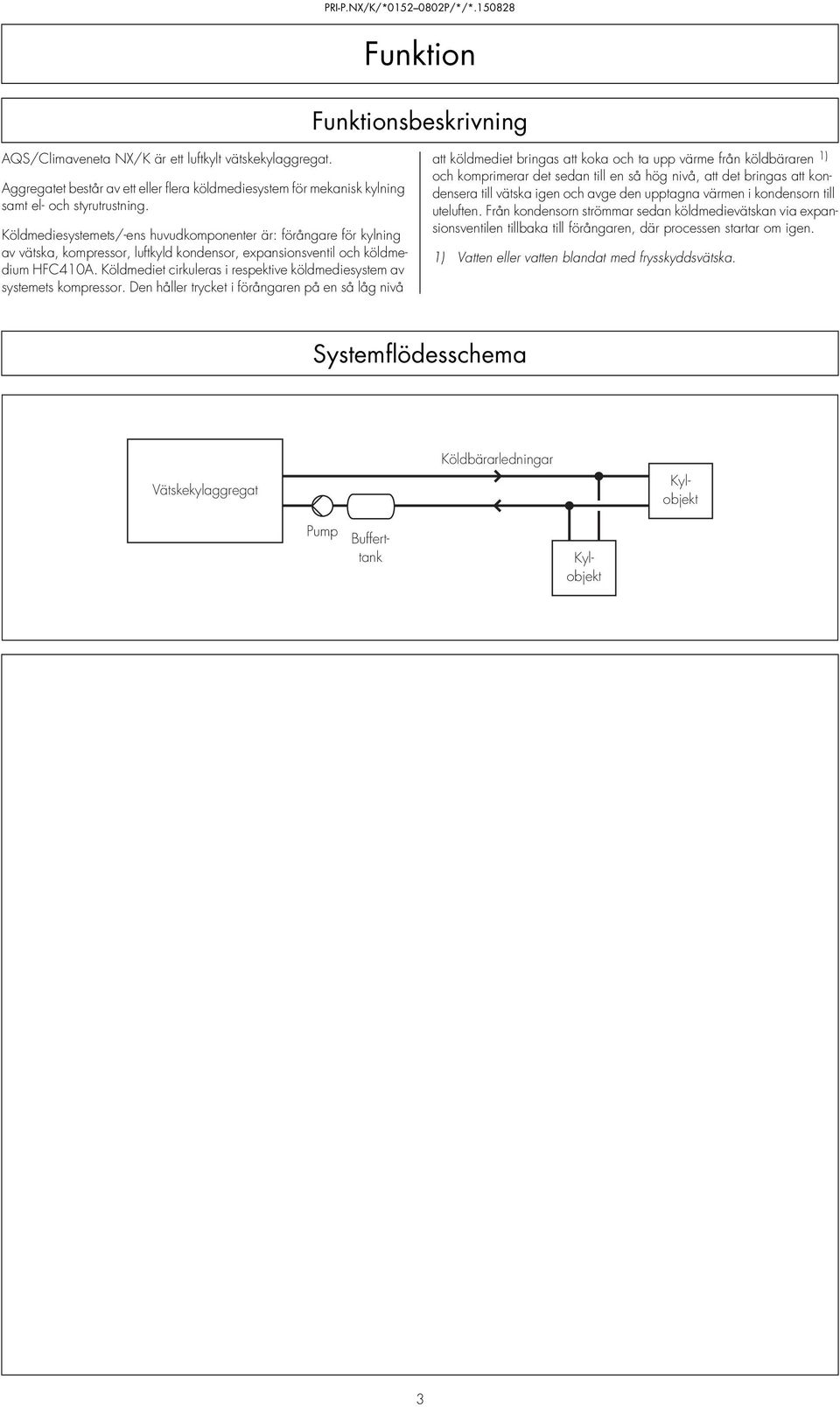 Köldmediesystemets/-ens huvudkomponenter är: förångare för kylning av vätska, kompressor, luftkyld kondensor, expansionsventil och köldmedium HFC40A.