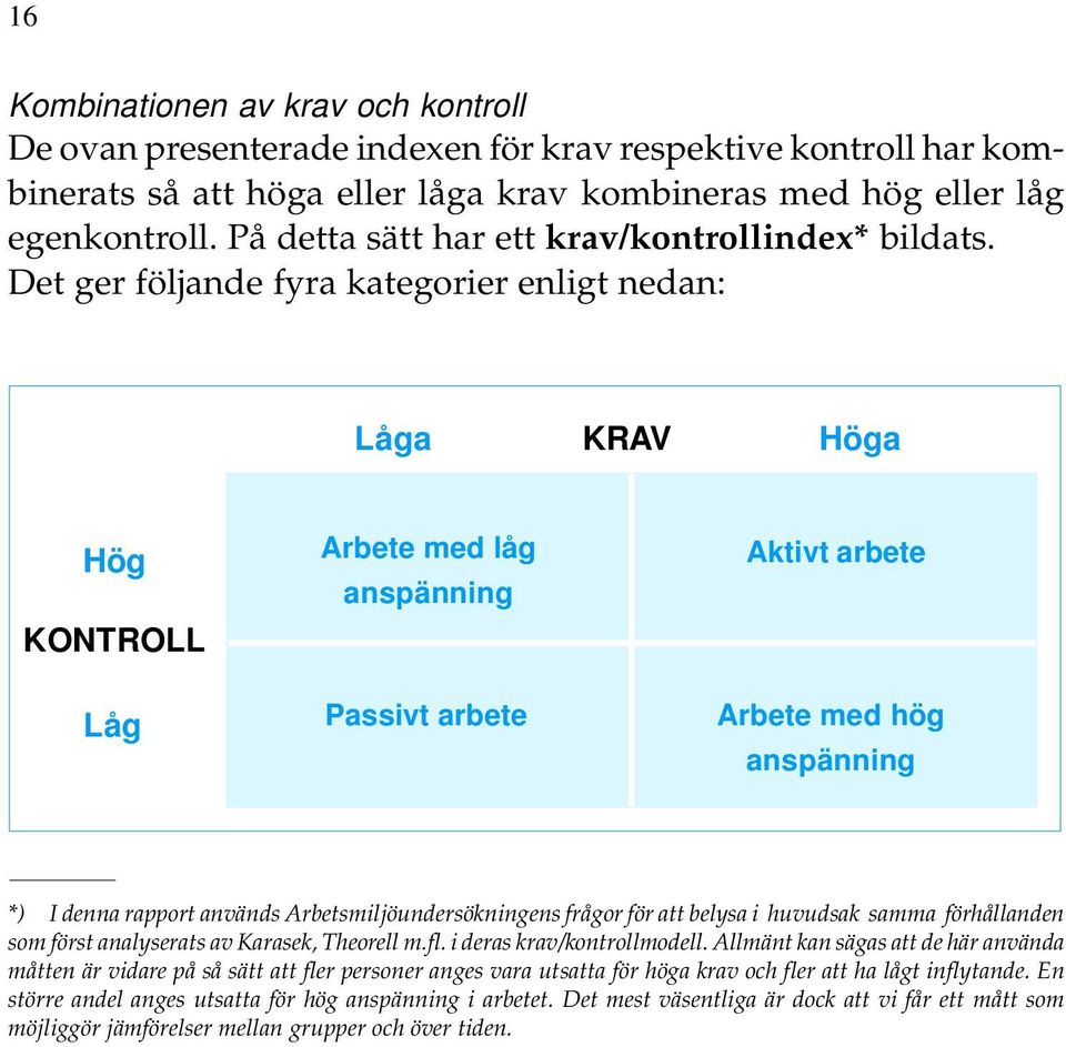 Det ger följande fyra kategorier enligt nedan: Låga KRAV Höga Hög KONTROLL Låg Arbete med låg anspänning Passivt arbete Aktivt arbete Arbete med hög anspänning *) I denna rapport används
