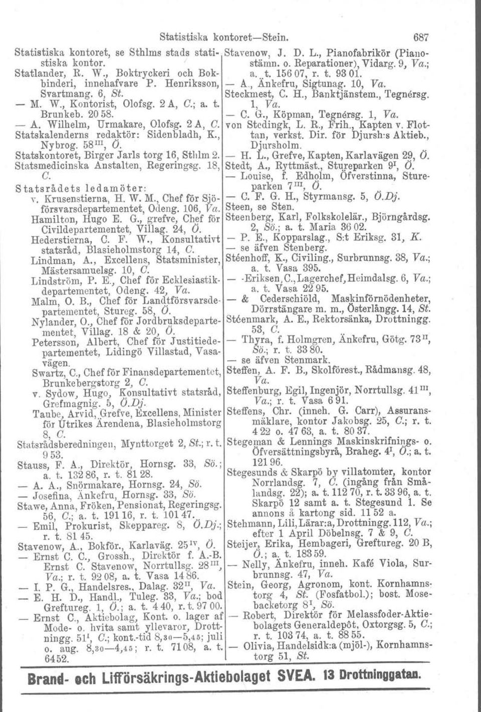 , Kontorist, Olofsg. 2 A, C.; a. t. 1, Va. Bru~keb. 2058. C. G., Köpman, 'I'egnörsg. 1, Va. A. Wilhelm, Urma~~re, qlofsg. 2 A, C. von Stcdingk, L. R., Frih., Kapten v.