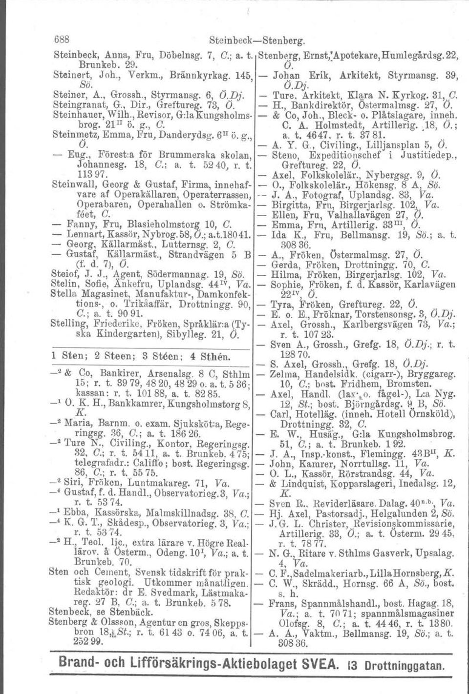 27, O. Steinhauer, Wilh., Revisor, Grla Kungsholme & Co, Joh., Bleck o. Plåtslagare, inneh. brog. 21 II ö. g., C. C. A. Holmstedt, Artillerig. )8, O.; Steinmetz, Emma, Fru, Danderydsg..6 II Ö. g., a.