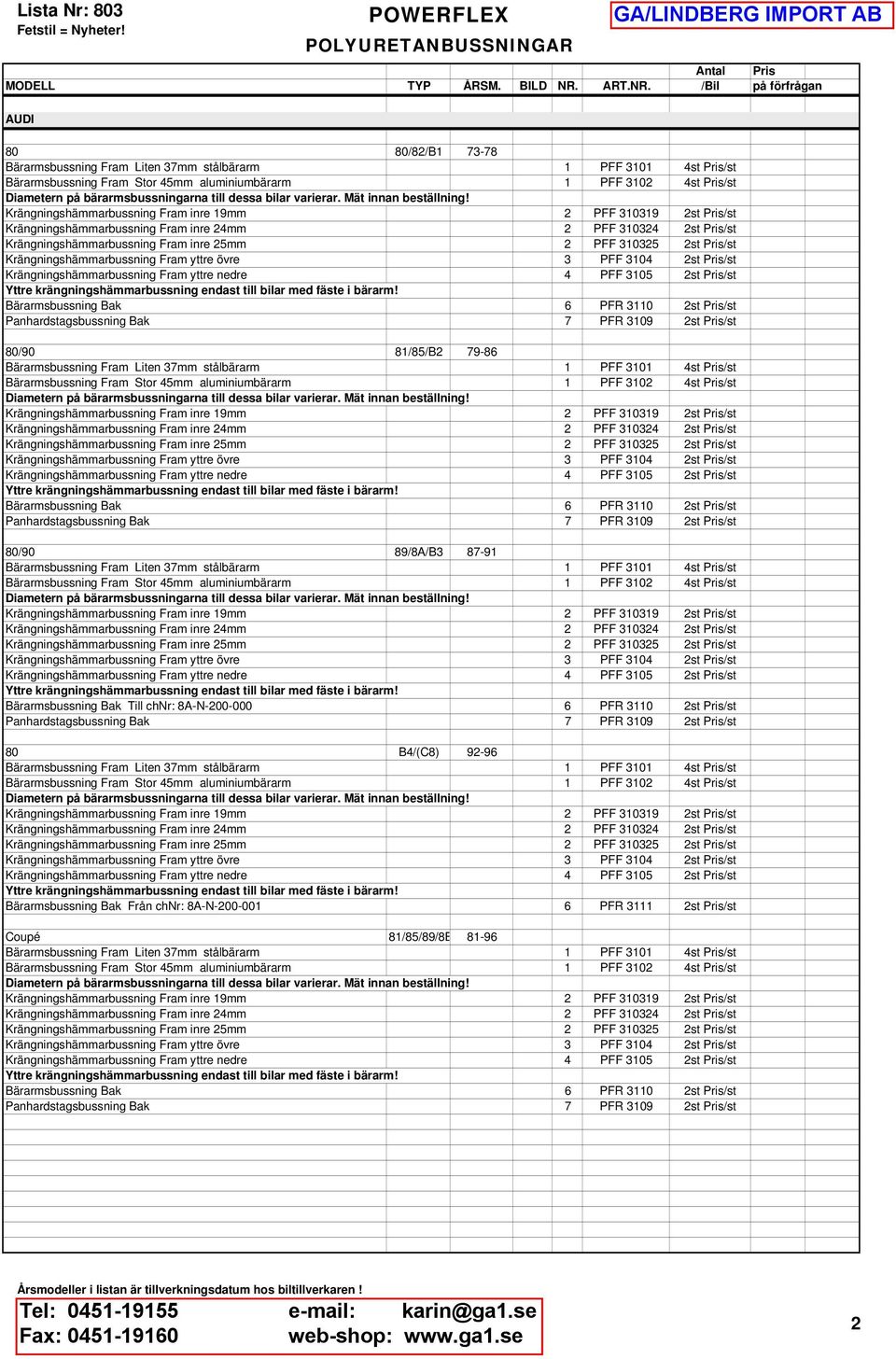 PFF 3104 2st Pris/st Krängningshämmarbussning Fram yttre nedre 4 PFF 3105 2st Pris/st Yttre krängningshämmarbussning endast till bilar med fäste i bärarm!