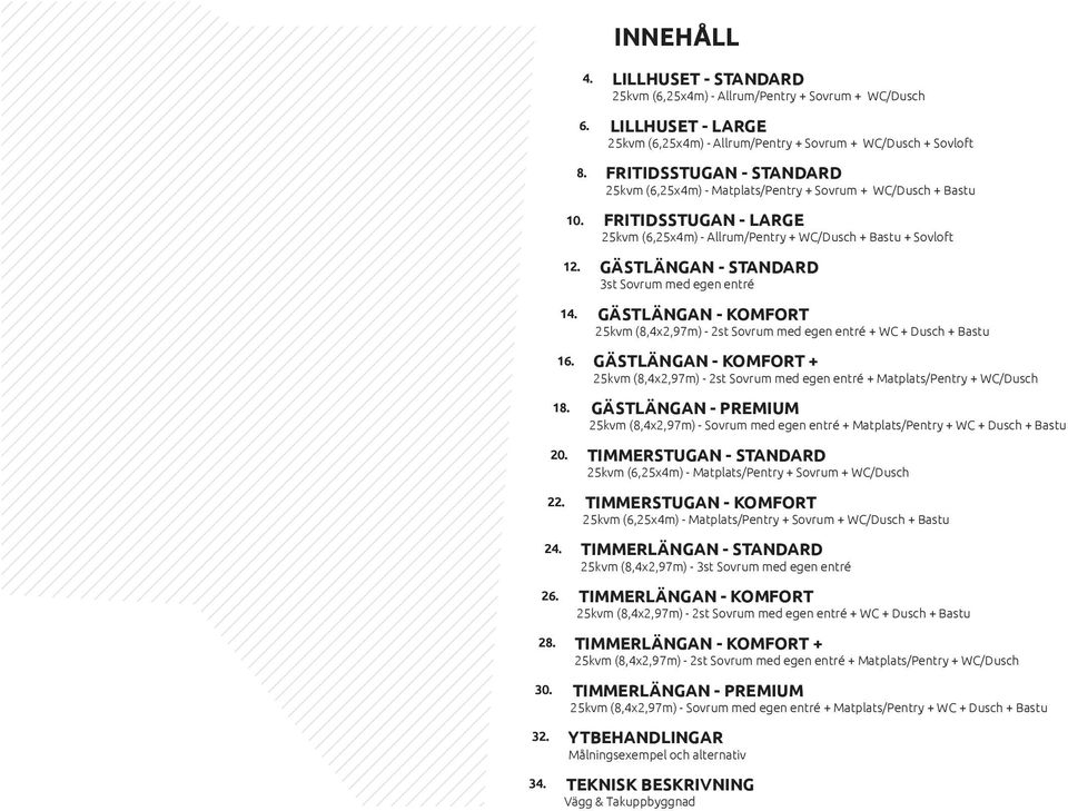 STANDARD GÄSTLÄNGAN - KOMFORT GÄSTLÄNGAN - KOMFORT + GÄSTLÄNGAN - PREMIUM TIMMERSTUGAN - STANDARD TIMMERSTUGAN -