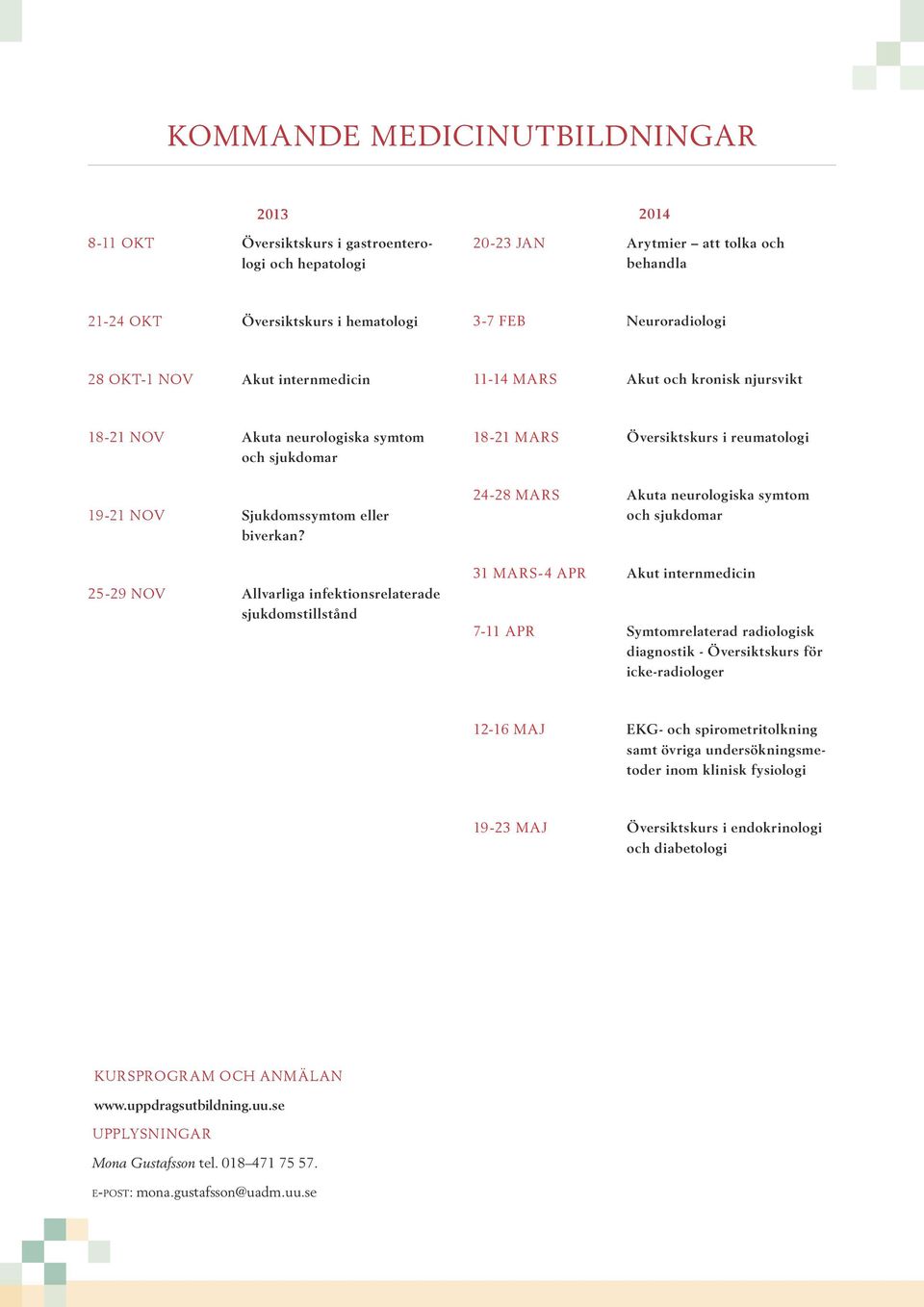 25-29 NOV Allvarliga infektionsrelaterade sjukdomstillstånd 18-21 MARS Översiktskurs i reumatologi 24-28 MARS Akuta neurologiska symtom och sjukdomar 31 MARS-4 APR Akut internmedicin 7-11 APR