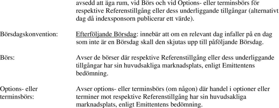 Börsdagskonvention: Börs: Options- eller terminsbörs: Efterföljande Börsdag: innebär att om en relevant dag infaller på en dag som inte är en Börsdag skall den skjutas upp till