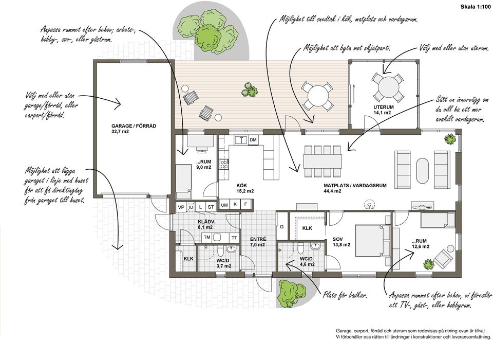 DM Möjlighet att lägga garaget i linje med huset för att få direktingång från garaget till huset. EL VP IU 9,0 m2 L ST UM K KÖK 15,2 m2 F MATPLATS / VARDAGSRUM 44,4 m2 KLÄDV.