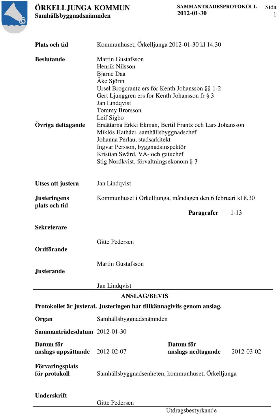 Brorsson Leif Sigbo Ersättarna Erkki Ekman, Bertil Frantz och Lars Johansson Miklós Hatházi, samhällsbyggnadschef Johanna Perlau, stadsarkitekt Ingvar Persson, byggnadsinspektör Kristian Swärd, VA-