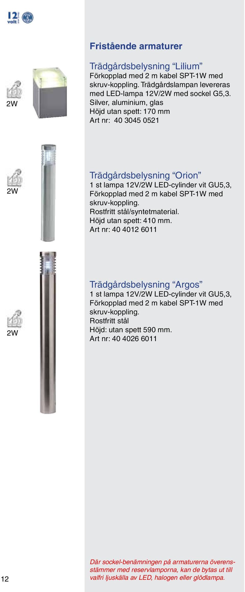 Rostfritt stål/syntetmaterial. Höjd utan spett: 410 mm. Art nr: 40 4012 6011 2W Trädgårdsbelysning Argos 1 st lampa 12V/2W LED-cylinder vit GU5,3, skruv-koppling.