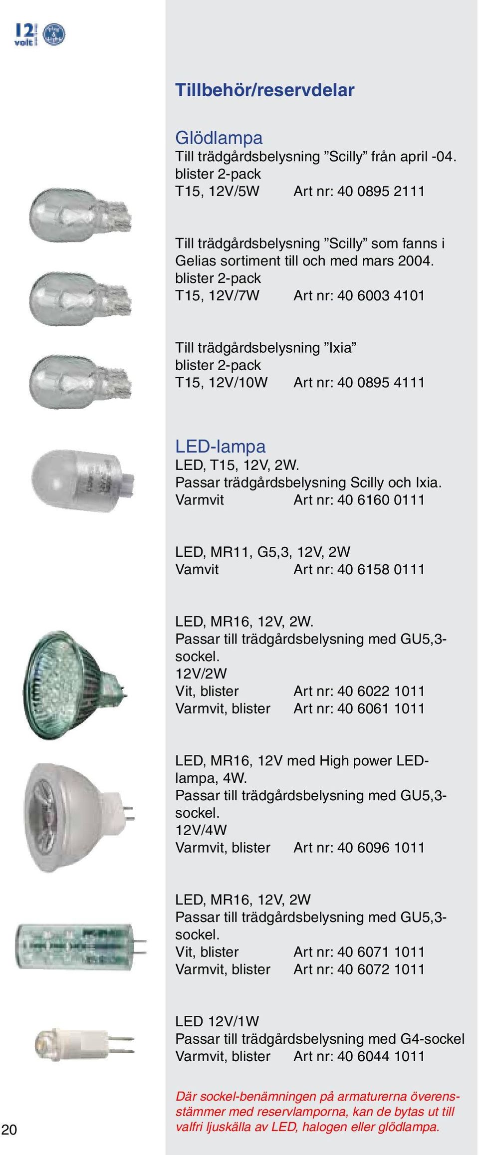 blister 2-pack T15, 12V/7W Art nr: 40 6003 4101 Till trädgårdsbelysning Ixia blister 2-pack T15, 12V/10W Art nr: 40 0895 4111 LED-lampa LED, T15, 12V, 2W. Passar trädgårdsbelysning Scilly och Ixia.