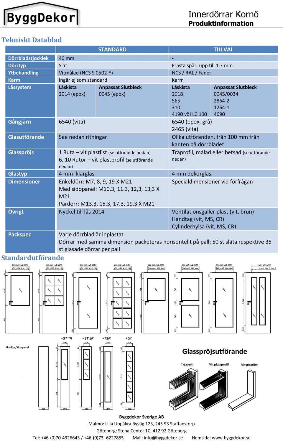 Anpassat Slutbleck 0045/0034 2864-2 1264-1 4690 Gångjärn 6540 (vita) 6540 (epox, grå) 2465 (vita) Glasutförande See nedan ritningar Olika utföranden, från 100 mm från kanten på dörrbladet Glasspröjs