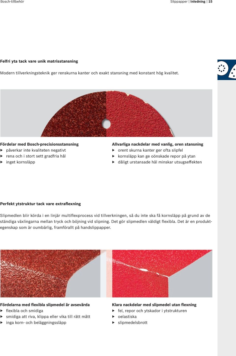 ofta slipfel kornsläpp kan ge oönskade repor på ytan dåligt urstansade hål minskar utsugseffekten Perfekt ytstruktur tack vare extraflexning Slipmedlen blir körda i en linjär multiflexprocess vid