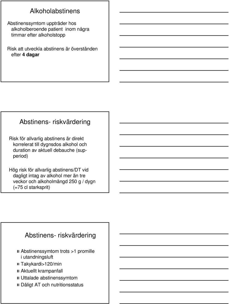 period) Hög g risk för f r allvarlig abstinens/dt vid dagligt intag av alkohol mer än n tre veckor och alkoholmängd 250 g / dygn (=75 cl starksprit) Abstinens-