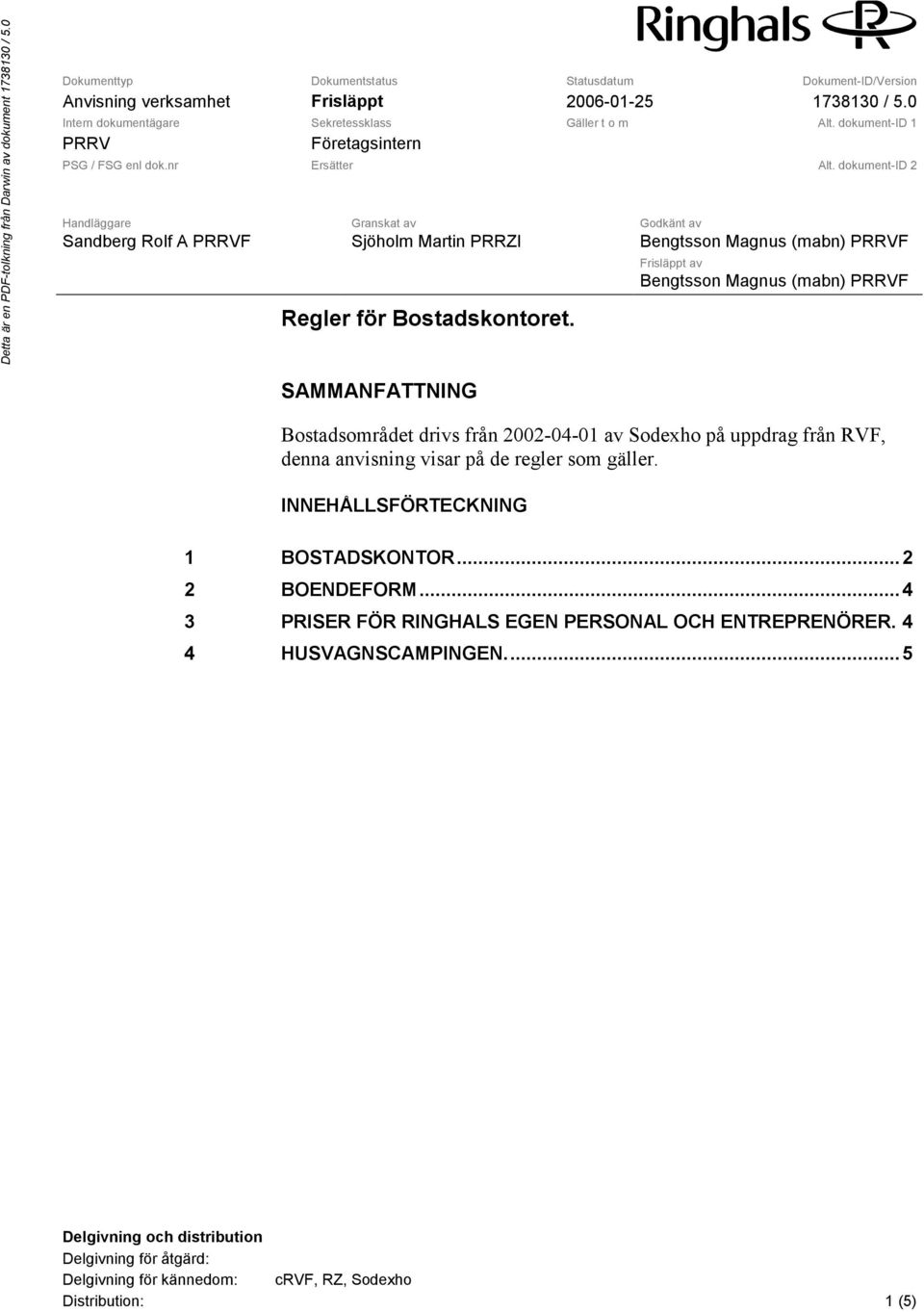 Bengtsson Magnus (mabn) PRRVF Frisläppt av Bengtsson Magnus (mabn) PRRVF SAMMANFATTNING Bostadsområdet drivs från 2002-04-01 av Sodexho på uppdrag från RVF, denna anvisning visar på de regler som