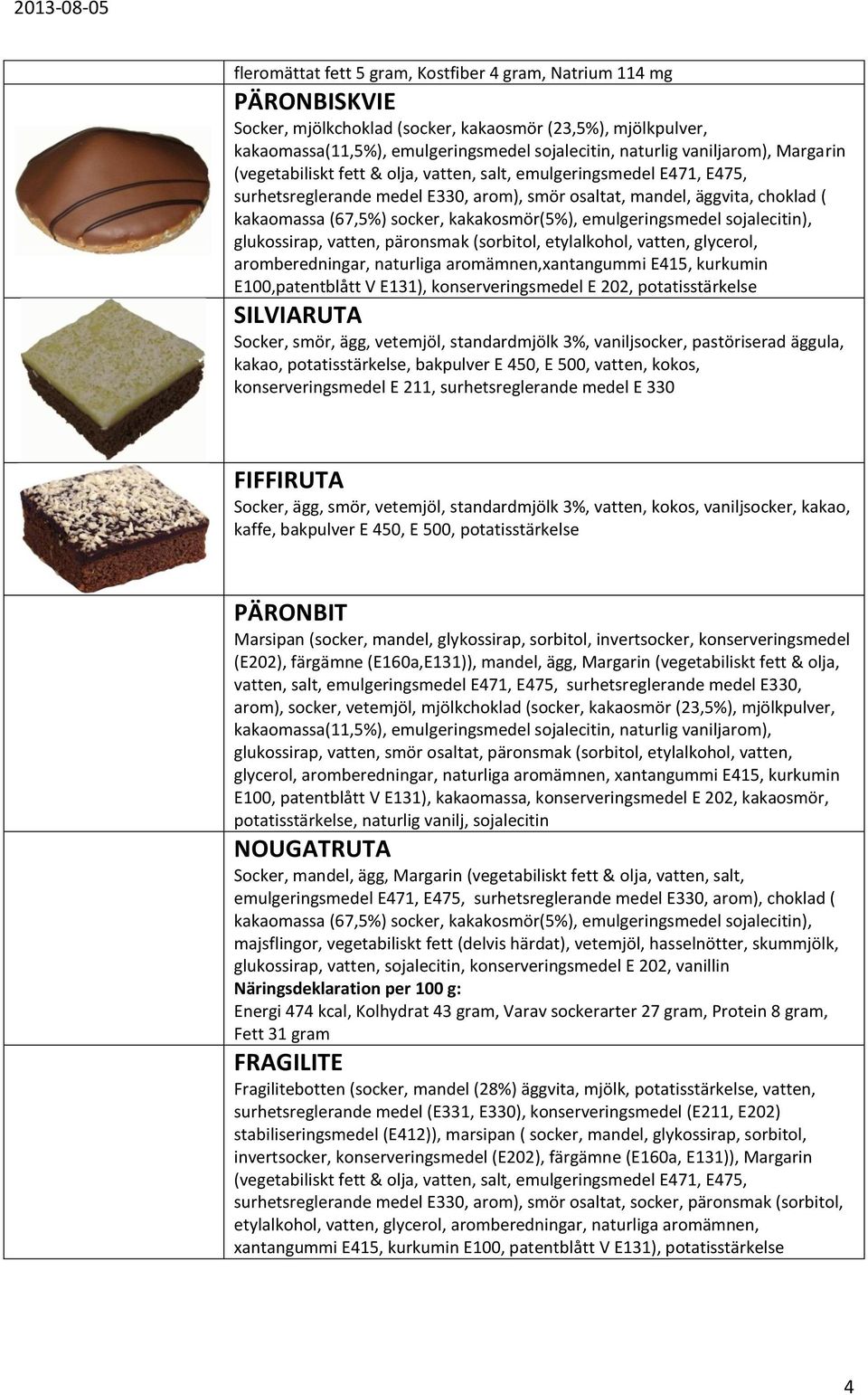 päronsmak (sorbitol, etylalkohol, vatten, glycerol, aromberedningar, naturliga aromämnen,xantangummi E415, kurkumin E100,patentblått V E131), konserveringsmedel E 202, potatisstärkelse SILVIARUTA