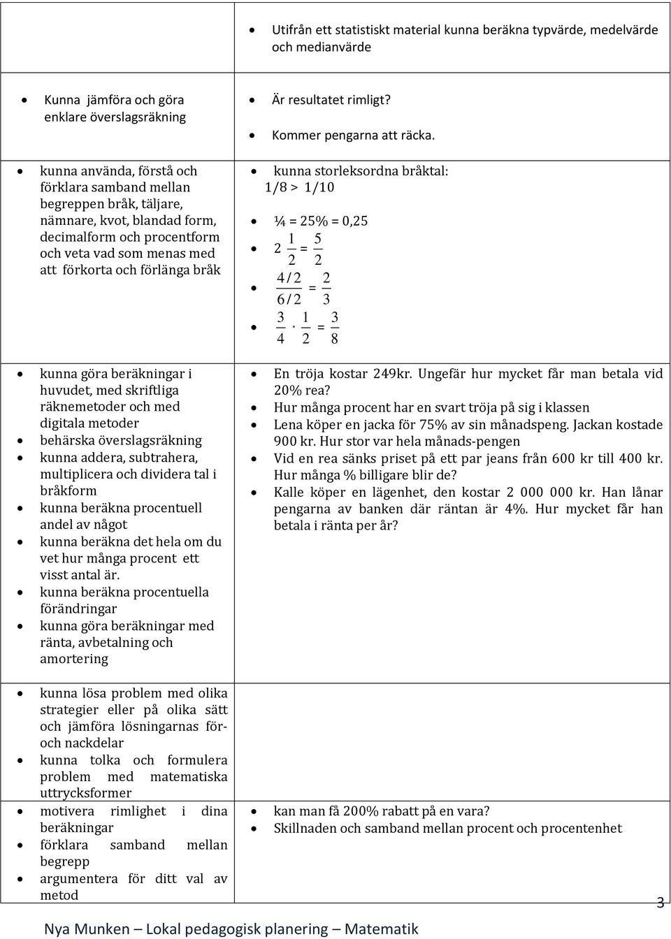 storleksordna bråktal: 1/8 > 1/10 ¼ = 25% = 0,25 2 2 1 = 2 5 4 / 2 2 = 6 / 2 3 3 1 3 = 4 2 8 kunna göra beräkningar i huvudet, med skriftliga räknemetoder och med digitala metoder behärska