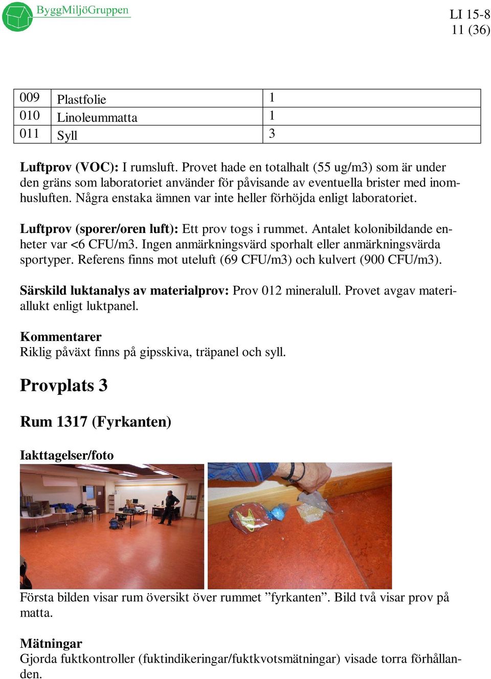 Några enstaka ämnen var inte heller förhöjda enligt laboratoriet. Luftprov (sporer/oren luft): Ett prov togs i rummet. Antalet kolonibildande enheter var <6 CFU/m3.