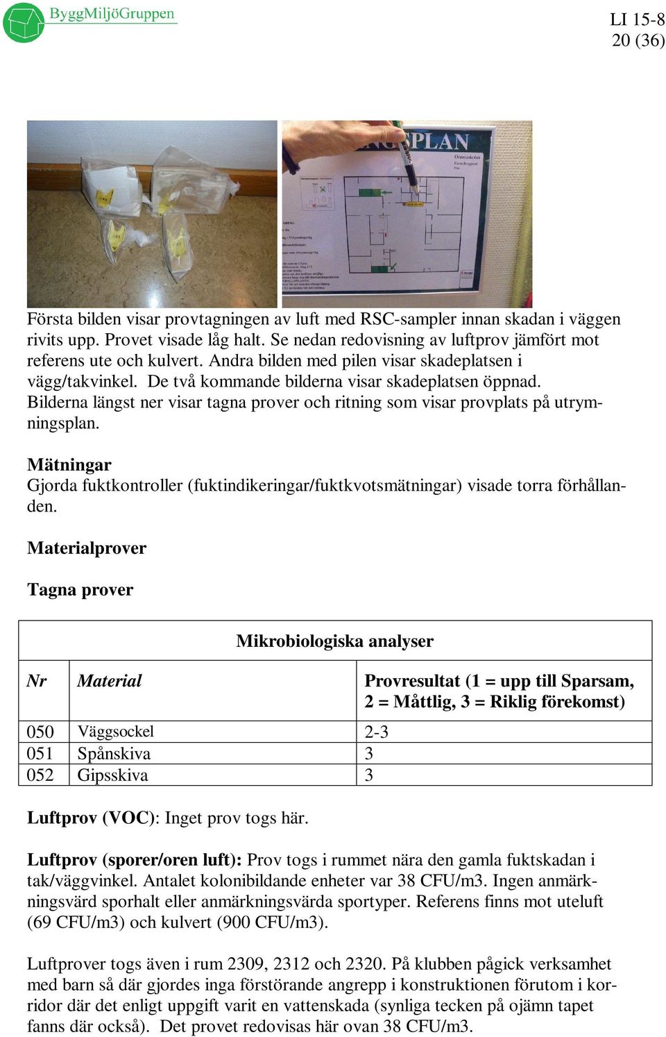 Bilderna längst ner visar tagna prover och ritning som visar provplats på utrymningsplan. Gjorda fuktkontroller (fuktindikeringar/fuktkvotsmätningar) visade torra förhållanden.